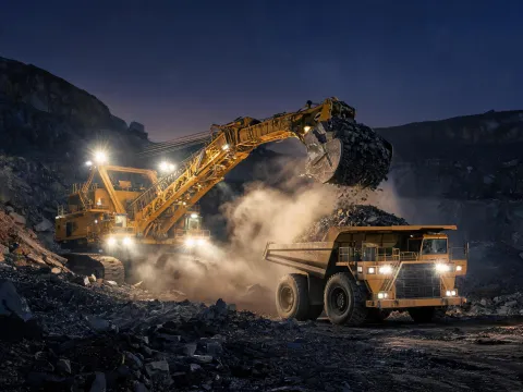 Mining excavator loading haul truck in pit