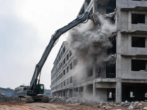 High-reach demolition excavator on multi-story structure