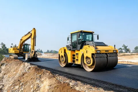 Excavator and rollers on compaction zone