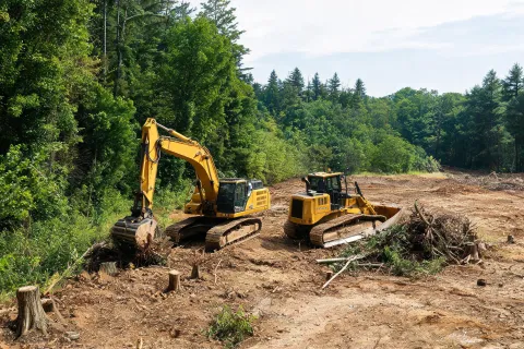 Track-type tractor and excavator on clear and grub